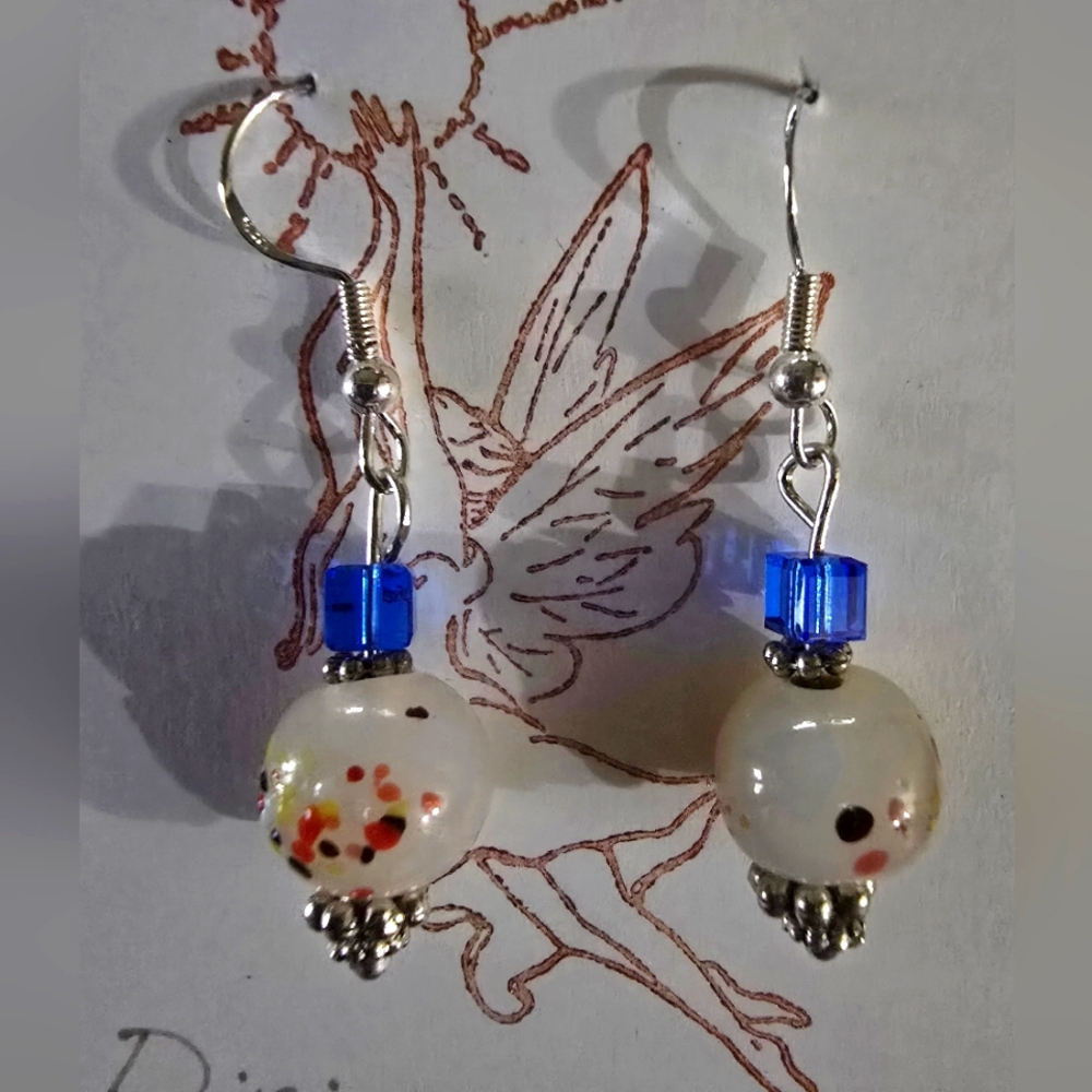Cute DOTTED Blue Hand Beaded DROP Earrings New Vintage Upcycle Beads